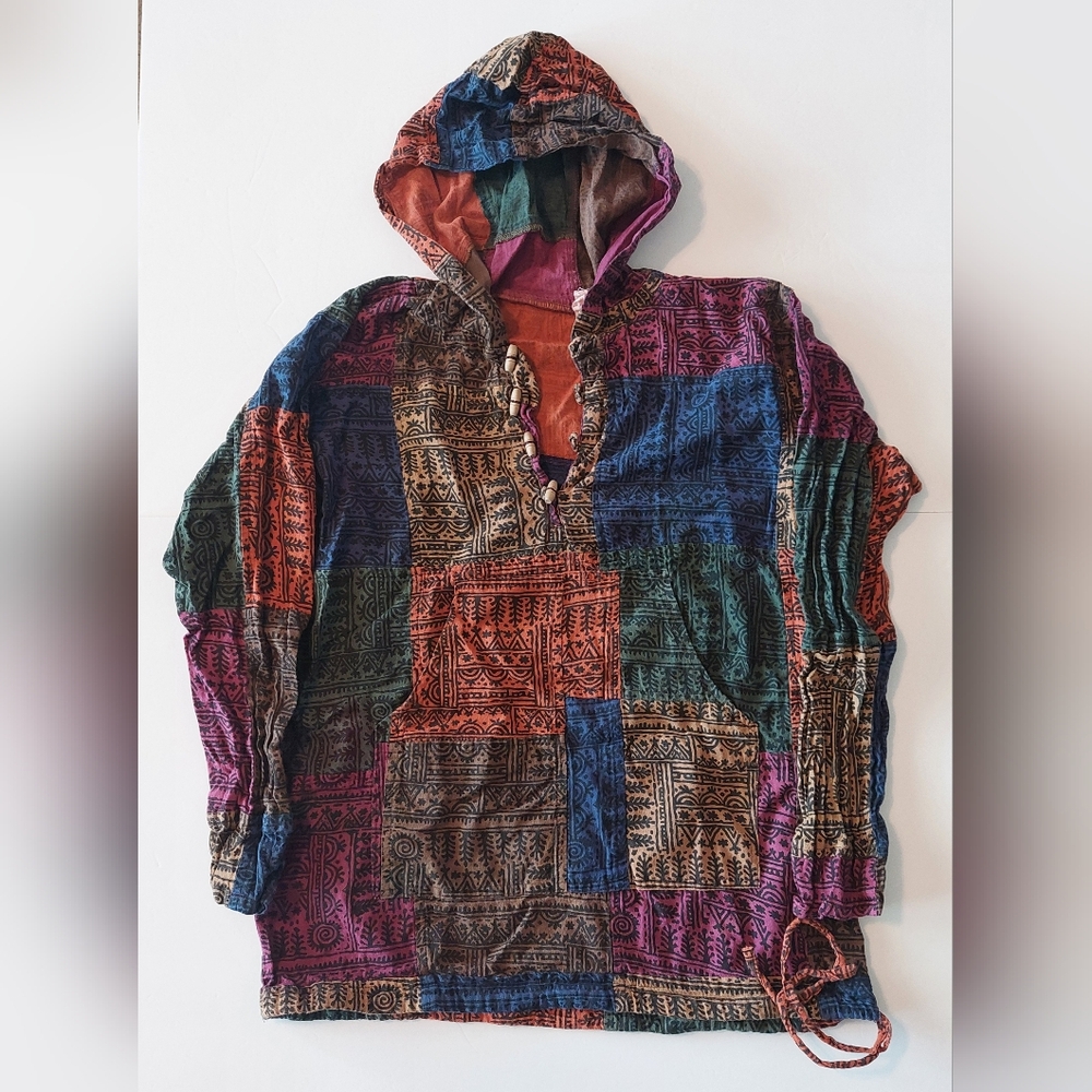 Avatar Womens Boho Multicolored Cotton Patchwork Pullover Hooded Sweater Small